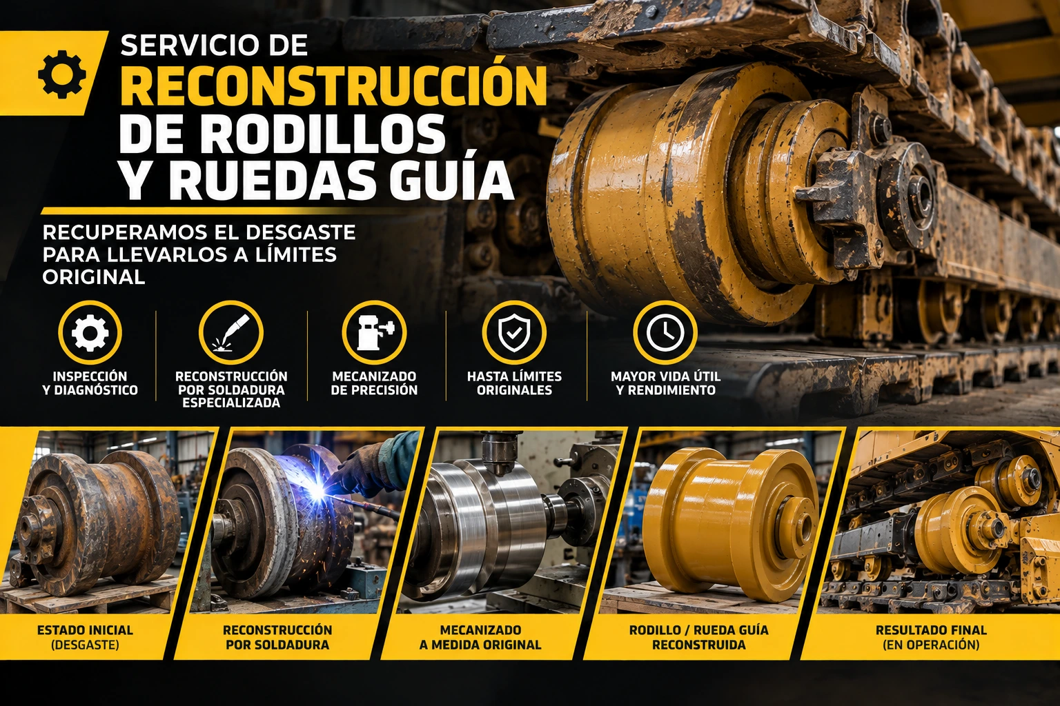 Reconstrucción de rodillos y ruedas guía a límites originales: servicio de MAQUISA S.A.C. en Perú